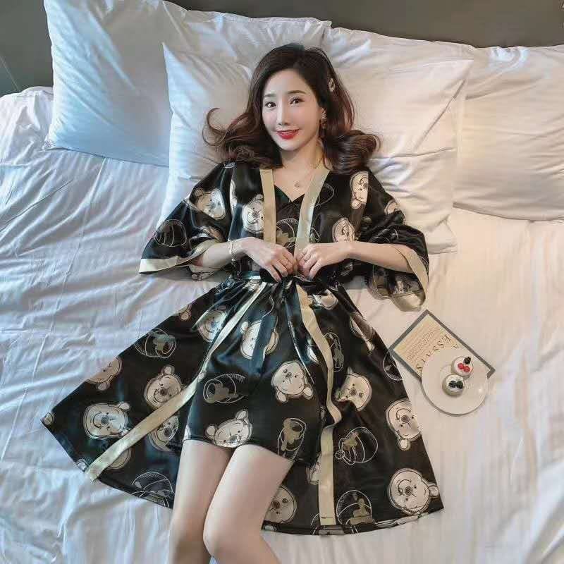 ZXY Shop | Kimono Set Lingerie 2in1 Bahan Satin Import | Kimono Motif Kartun K88A
