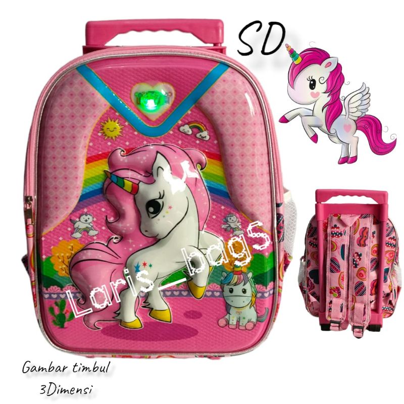 Tas sekolah anak perempuan SD/Tas anak troli Boba/Tas dorong anak/Tas bahu anak/Tas anak karakter Boba SD/Tas Boba LED nyala/Tas anak karakter boba/tas anak unicorn koper/tas anak SD unicorn