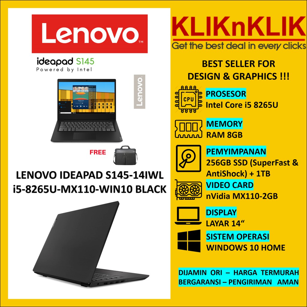 Laptop LENOVO IDEAPAD S145-14IWL - i5-8265U-RAM 8GB-256GB HDD 1TB-MX110-2GB