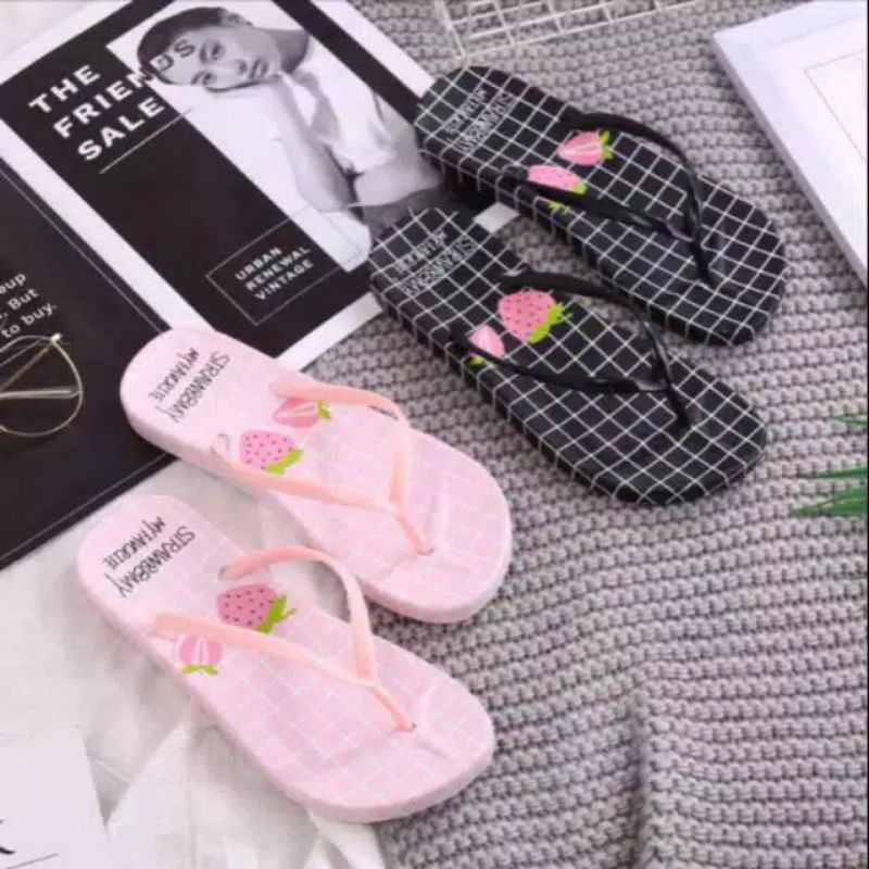 SANDAL JEPIT WANITA MOTIF STRAWBERRY KOTAK