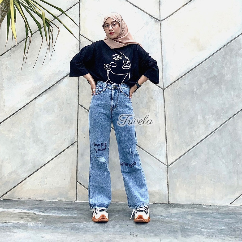 TRIVELA - Nevermind Loose Jeans / Kulot Loose Bordir Sobek Nevermind