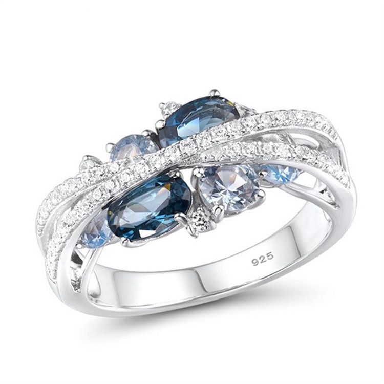 Cincin zircon Biru Laut Bentuk x Model hollow