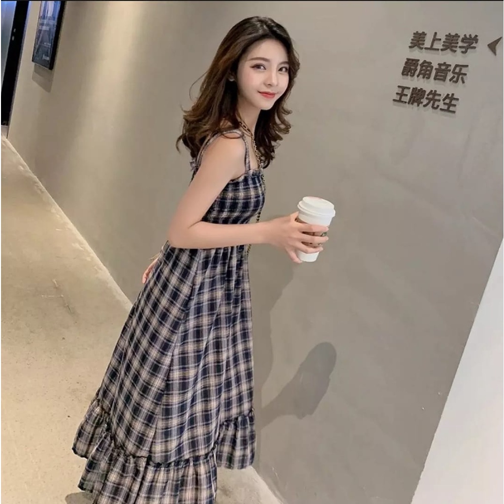 BEFAST - ZEC OOTD Wanita Dress HANJIEN / Happy Dress / Dress Model Korean / Dress Motif Kotak-Kotak / Dress Unik Wanita / Dress Pesta / Dress OOTD Ala Wanita Korean