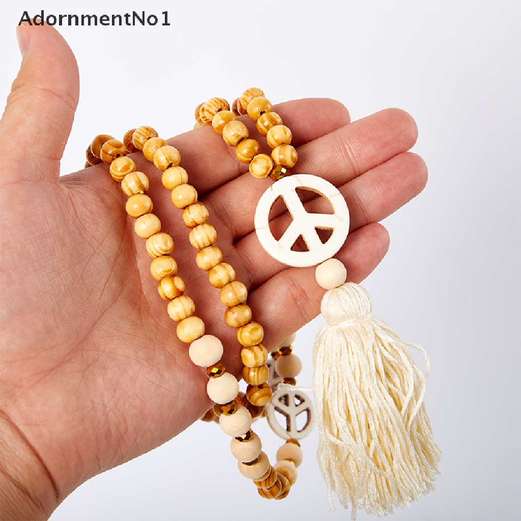 (AdornmentNo1) Kalung Rantai Manik Kayu Pendan Simbol Perdamaian Gaya Boho Untuk Wanita