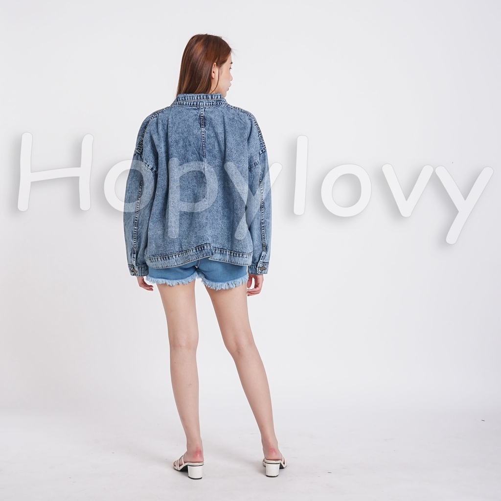 HOPYLOVY Jaket Jeans Wanita Oversize Kantong Besar Snow Acid Malorie