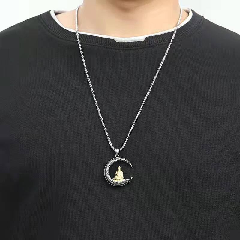 Kalung Liontin Bulan Buddha Lapis Perak Emas Gaya Hip Hop Untuk Pria