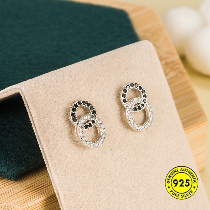 Anting Tusuk Sterling Silver 925 Desain Lingkaran Kecil Hias Zircon Hitam Putih Untuk Wanita