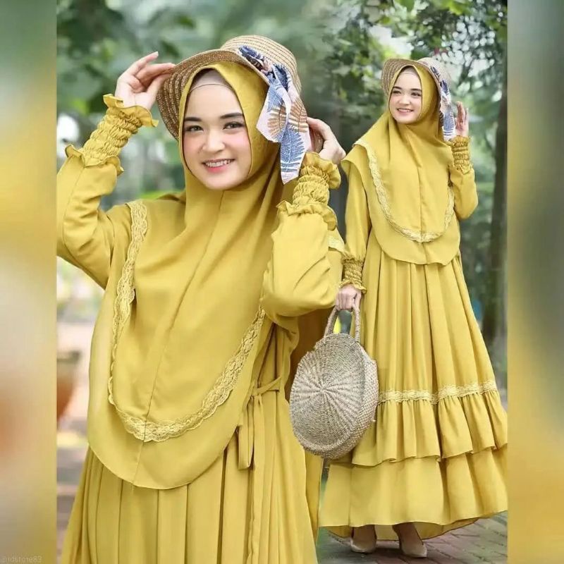 [New] Gamis muslim Ceruty Terbaru Set Hijab/Mutia Syar'i Ceruty Babbydoll Full Puring/Dress Lebaran 