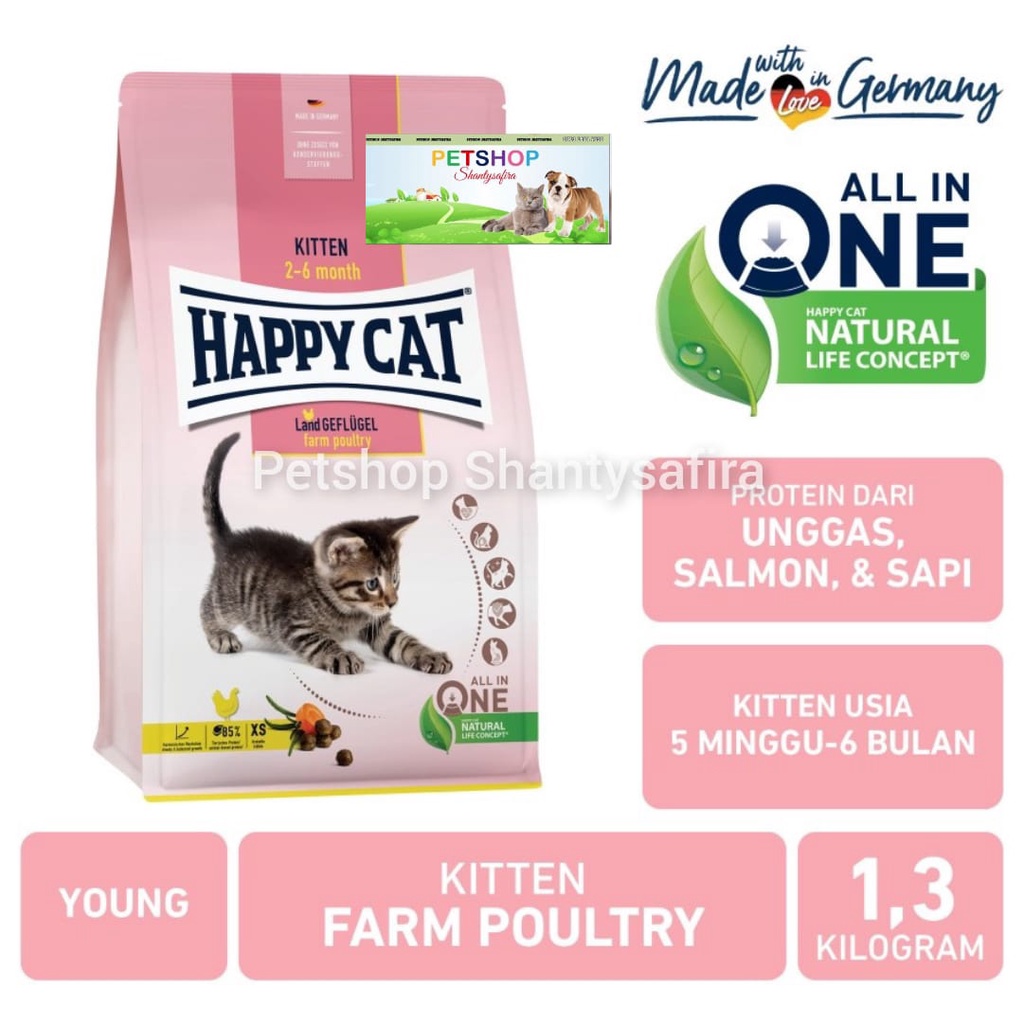 HAPPY CAT YOUNG KITTEN FARM POULTRY (LANDGEFLUGEL) 1.3 NEW MAKANAN KUCING KITTEN