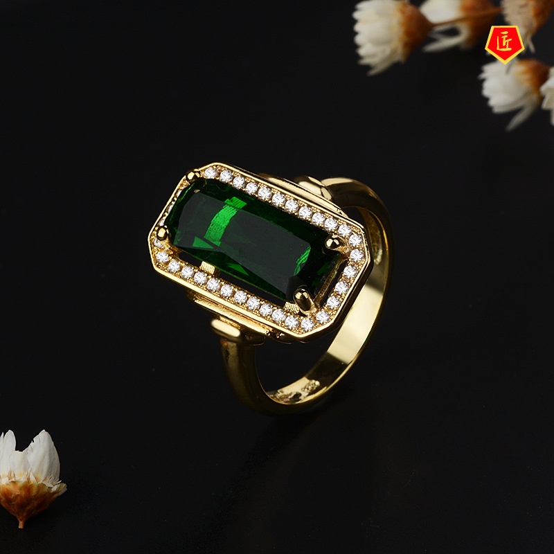 [Ready Stock]Elegant Personality 18K Gold Emerald Ring