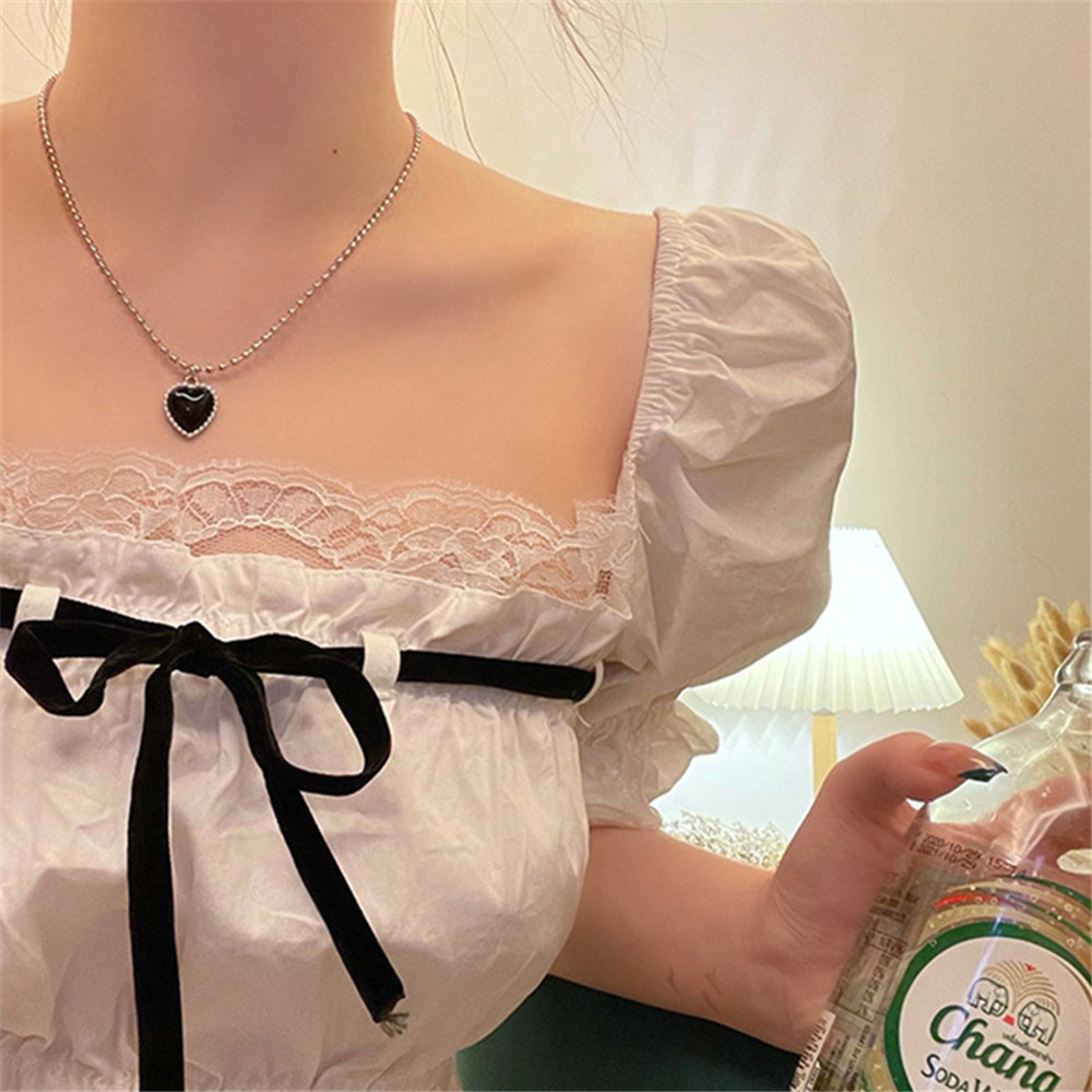 【COD Tangding】Kalung Rantai Liontin Hati Warna Hitam Gaya Retro Untuk Wanita