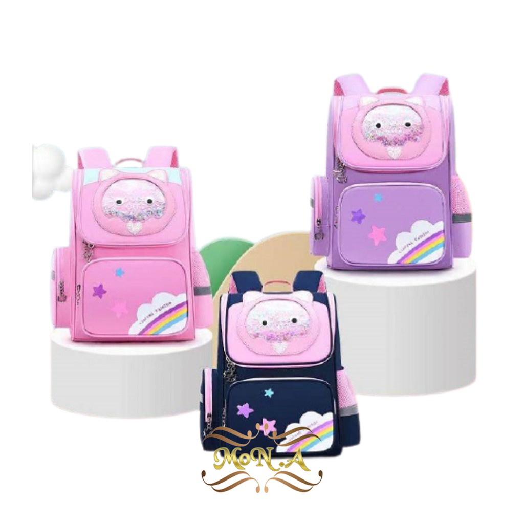 [MONA] 2 N 1 Tas Ransel Motif Kucing untuk Perempuan + Tempat Pensil -Kualitas Premium -M0173