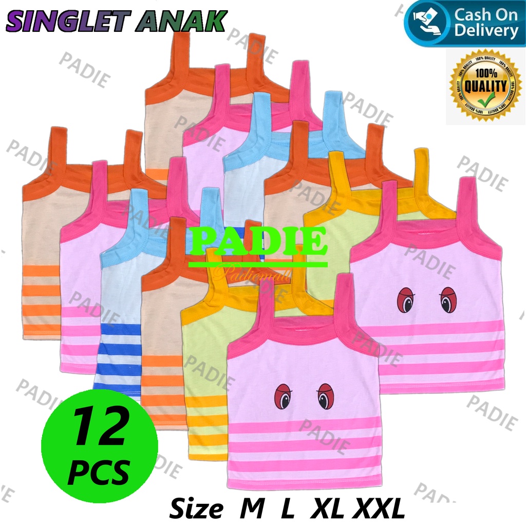 BAYIe - 12 PCS Kaos Singlet/Tanktop/Tengtop/Kutung Anak Perempuan Cewek Motif Mata/Sofia Size M, L, XL