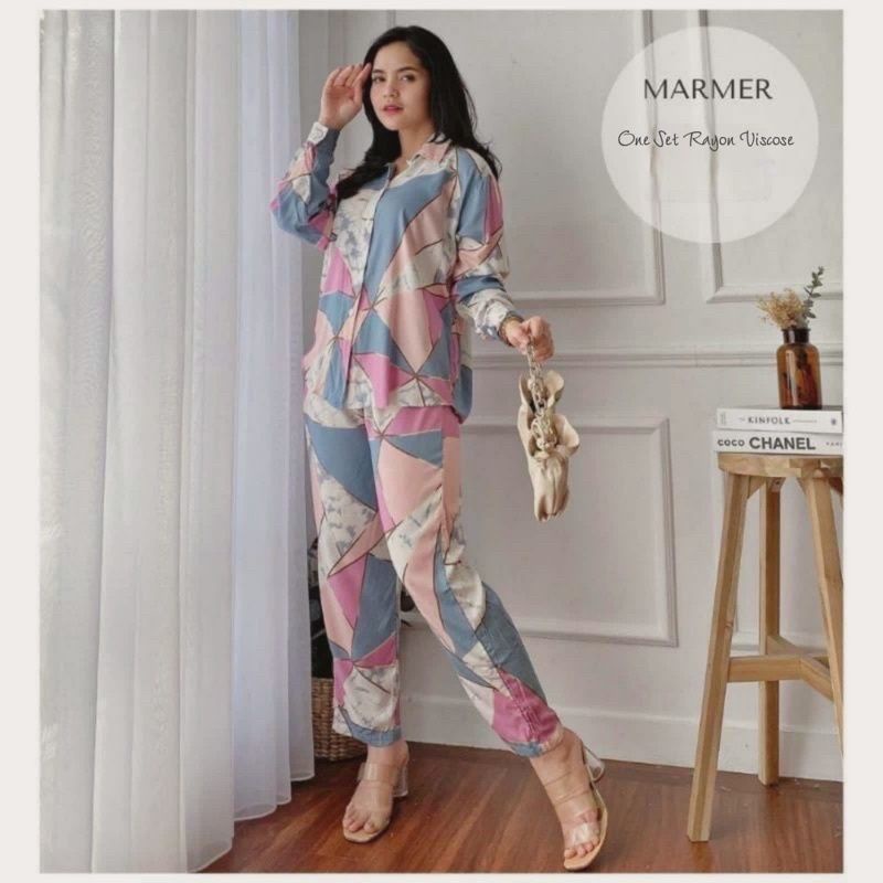 SETELAN PIYAMA WANITA PREMIUM HIGH QUALITY // LD 100 - 110 ONE SET RAYON MOTIF BARU // SET RAYON-Marmer set