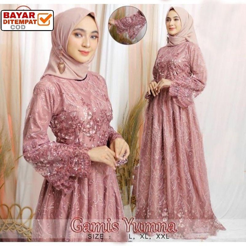 Size L XL XXL / Gamis Pesta / Gamis Jumbo / Maxi Dress / Gamis Tile / Gamis Maxi Brokat Yumna