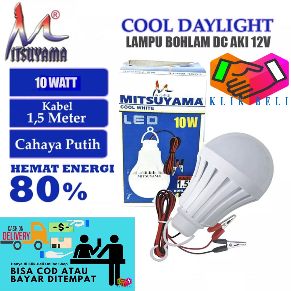 Lampu Bohlam DC 12V Bohlam Aki Jepit Baterai LED Putih Mitsuyama Panjang Kabel 1,5 Meter