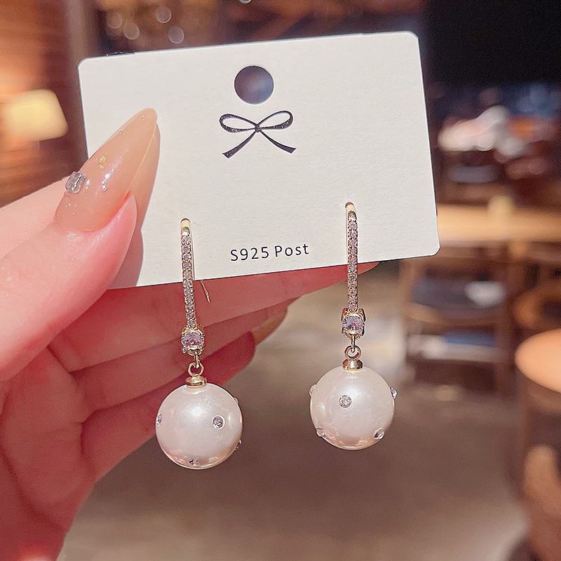 Shuling S925 Silver Needle Long Pearl Pendant Earrings Female Diamond Pearl Super Flash Micro Inlaid Earrings High Sense Earrings