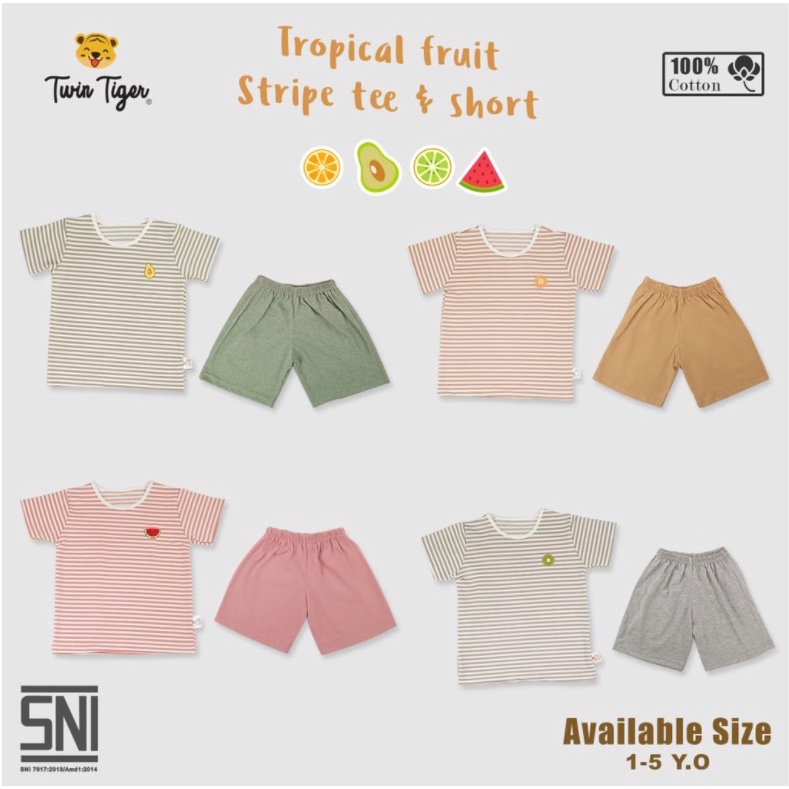 Twin Tiger FRUIT Setelan Kaos Anak Tshirt Stripe Pocket Tee Baju Anak 0 -5 Th