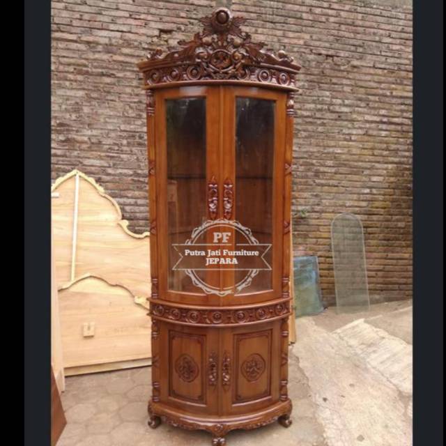 Lemari hias ruangan pojok/ sudut kayu jati - rak hias ruang tamu ukir Jepara