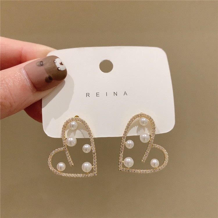 Anting Stud 925 Silver Needle Bentuk Hati Aksen Mutiara Gaya Korea Untuk Wanita