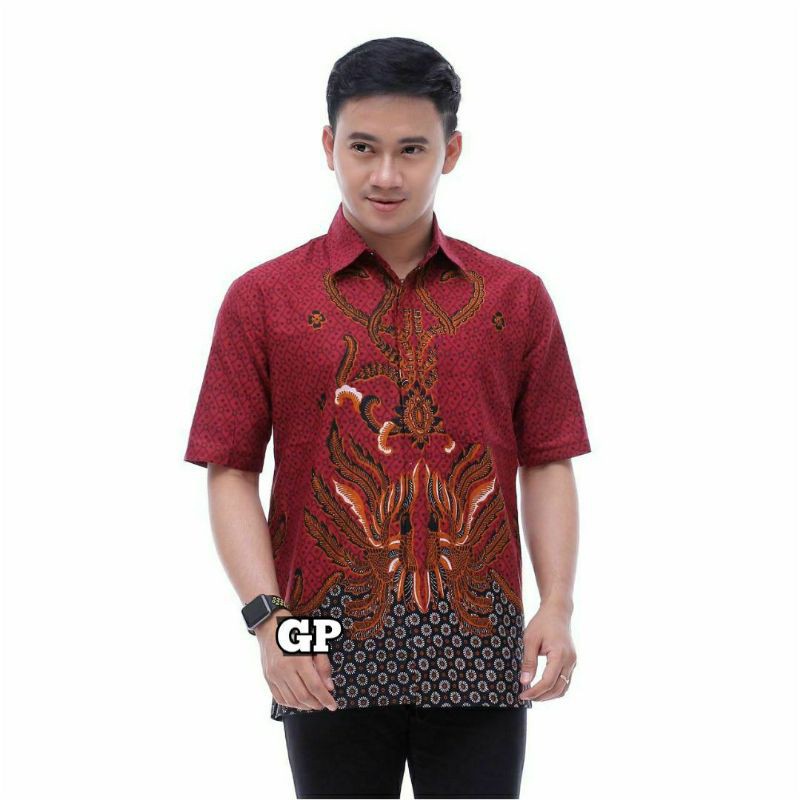 atasan hem batik cowok lengan pendek simpel merah marun maroon M L XL motif burung kerja kantor