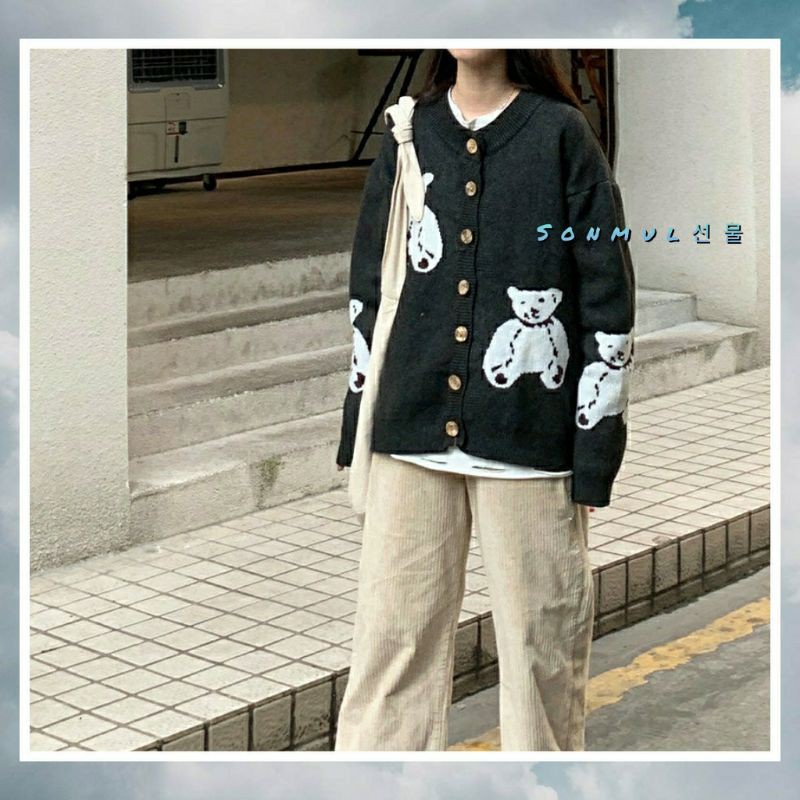 IMPORT WOMAN KNIT CARDIGAN KNITWEAR OUTER BEAR KARDIGAN RAJUT WANITA IMPOR MUSIM DINGIN