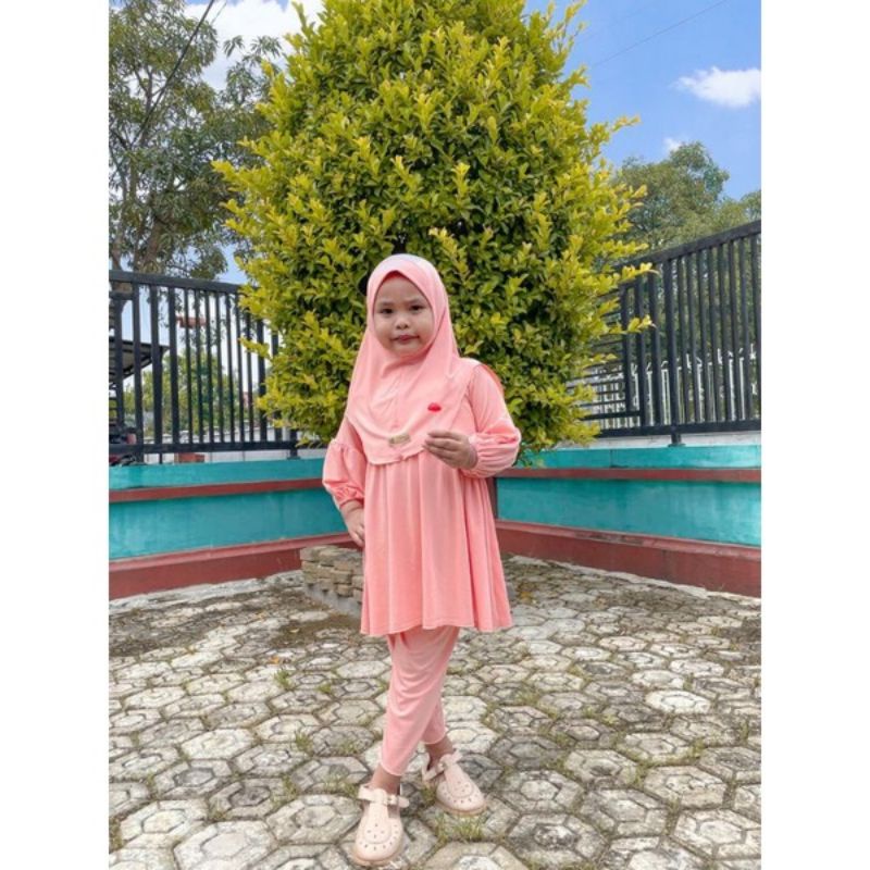 Gamis Sherly Set Hijab Anak Perempuan Usia 0-6 Tahun |Setelan Busana Bju Syari Bayi Terbaru 3-5 Thn |Stelan Pakaian Tanggung 1-4 Bulan  Little Pineapple Baju Muslim Lucu