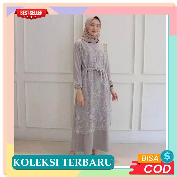 Cod Jumbo (Model Baru) Gamis Brokat Nabila/ Bahan Brukat Tile Mutiara / Gamis Wisuda / Gamis Pesta B