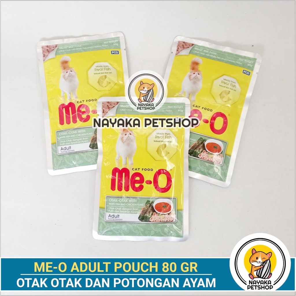 Meo Pouch 80 gr Otak Otak White Fish Chicken Flake Makanan Basah Adult Cat Kucing Dewasa Pakan Ikan Ayam Wet Food