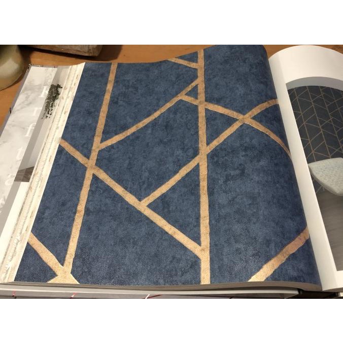 Wallpaper Dinding Korea Biru Navy List Gold Modern Minimalis Industria Terbaru