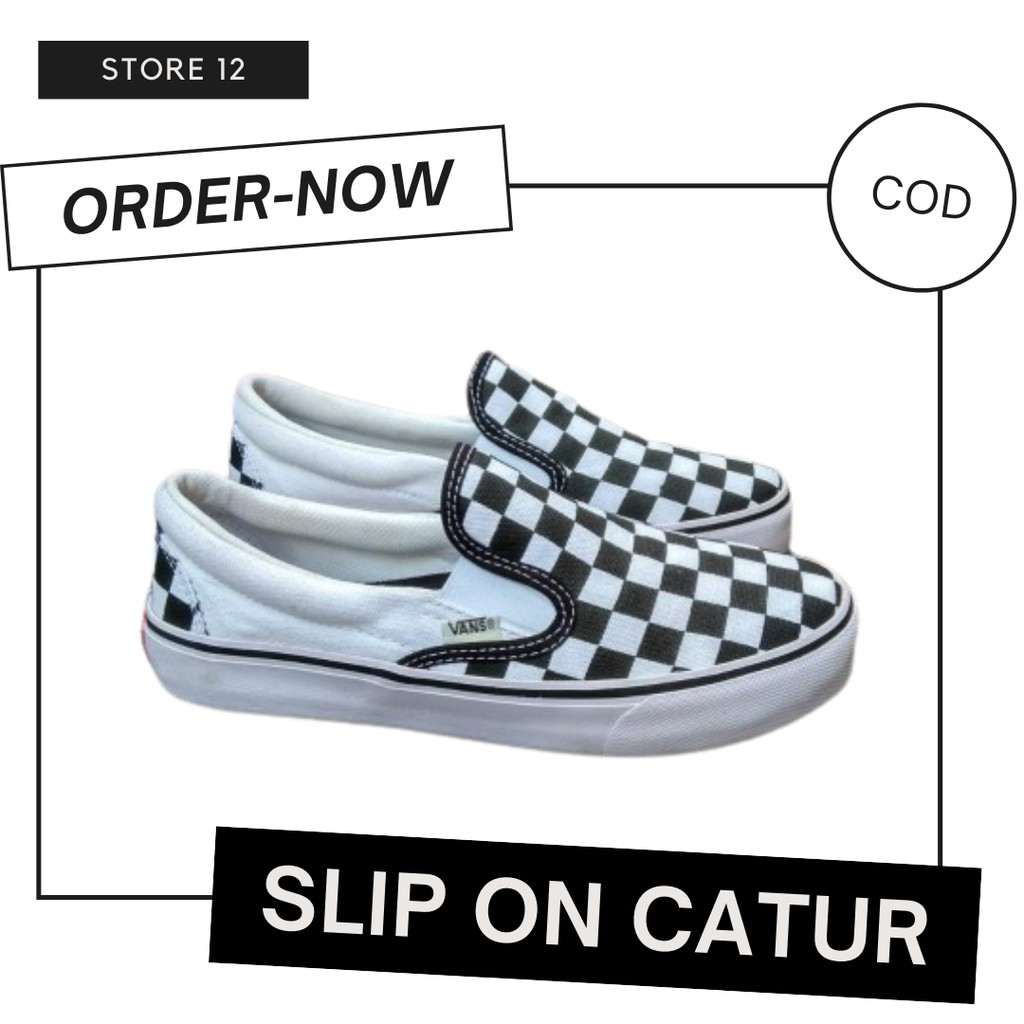 sepatu sneakers vans slip on checkerboard catur hitam putih tali pria wanita kualitas original murah