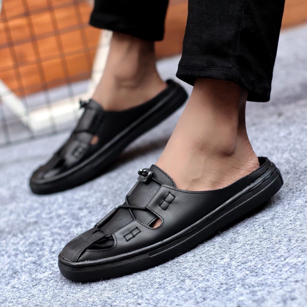 TUTO Sendal Pria Hitam Sandal Kasual Slop Pria Kulit Asli Sendal Bustong Pria Dewasa Trendy Kekinian