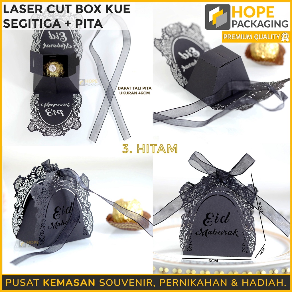 Lasercut Box Kue Segitiga Plus  Pita Gift Box Candy Eid Mubarak Lebaran  Ukuran 6x4x7.5cm