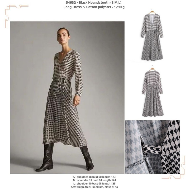 54632 Black Houndstooth Long Dress / Dress Pesta Panjang Hitam Putih