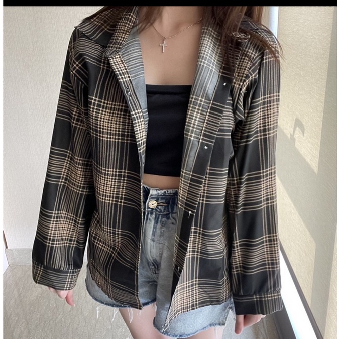 Kemeja kotak kotak wanita kemeja crop GUILENT