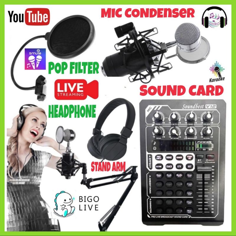 Paket Soundcard SOUNDBEST V12 Mic Condenser,pop filter,Stand,Headphone