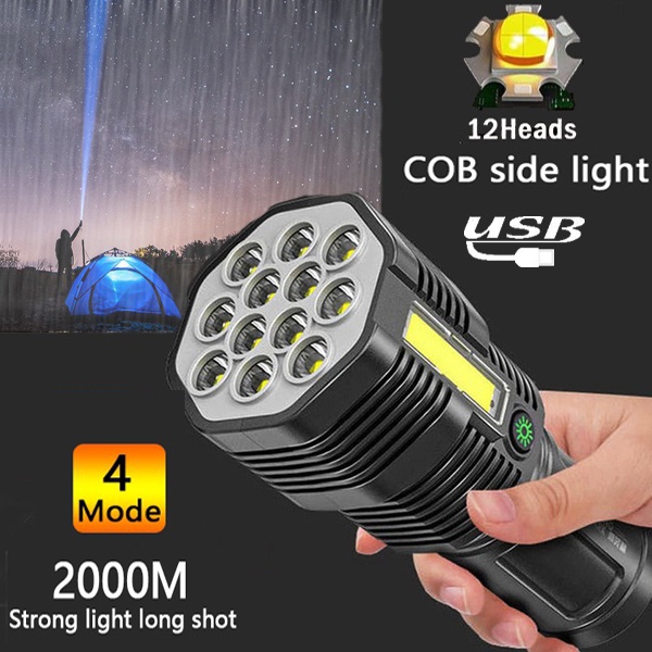 Senter LED 12 Core Taktis Super Terang USB Rechargeable 4 Mode Untuk Outdoor / Darurat