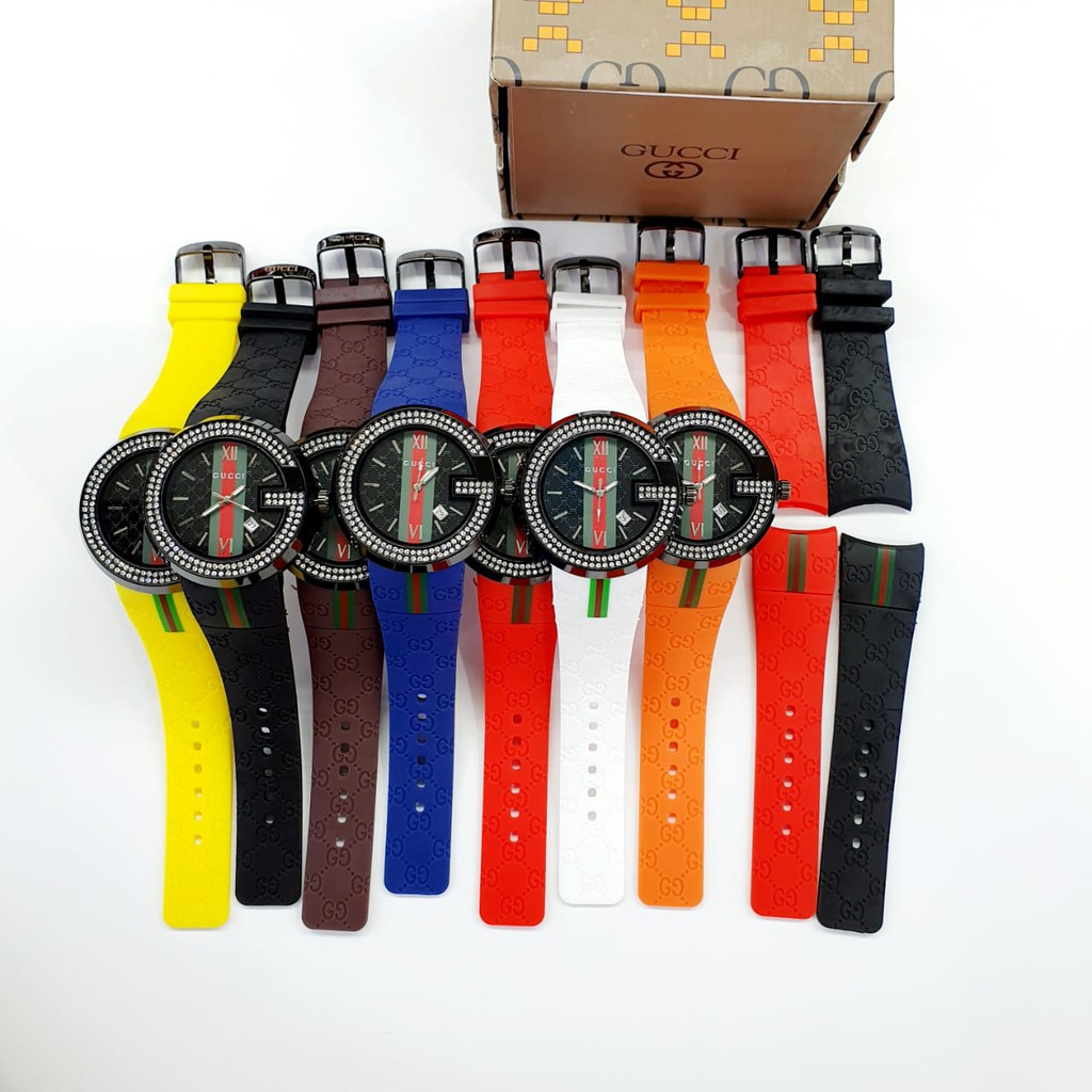 JAM TANGAN WANITA KASUAL GUCCI TANGGAL AKTIF TALI RUBBER FREE 1 TALI RUBBER