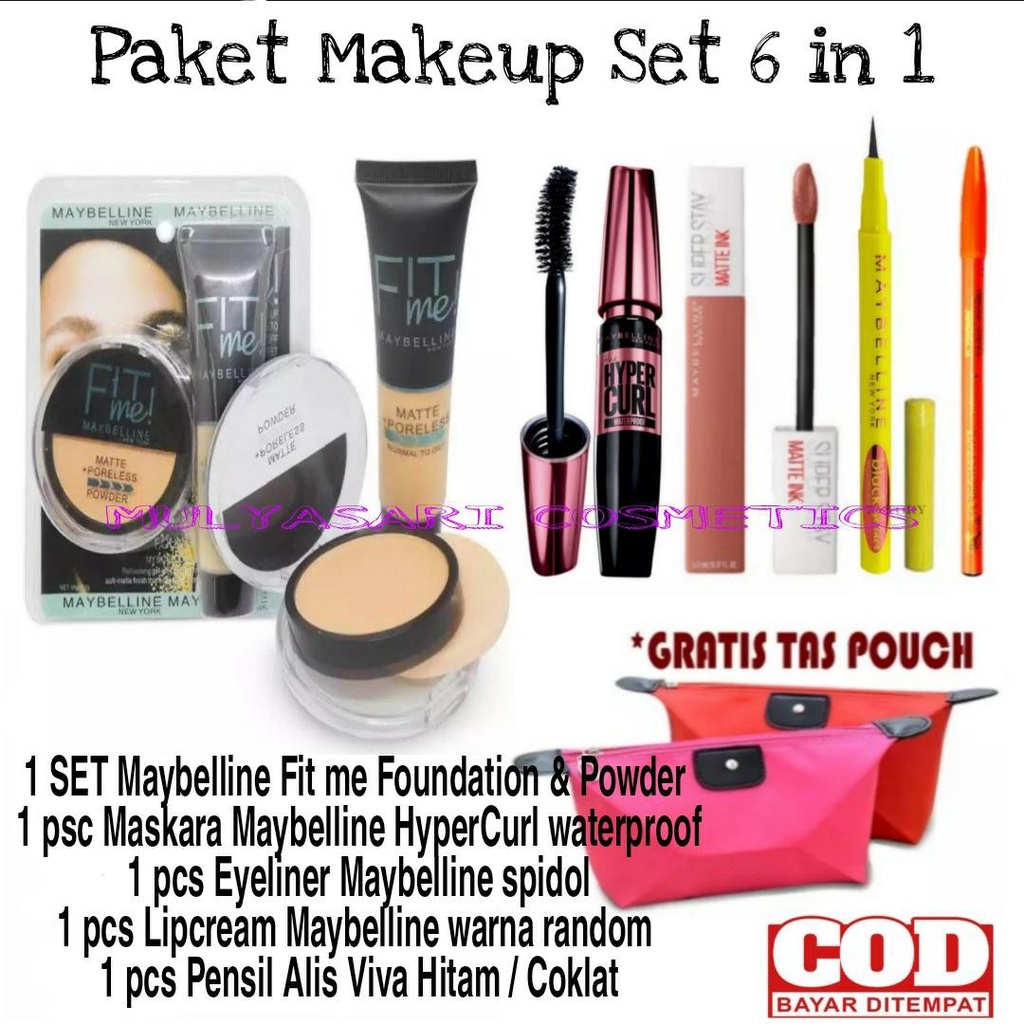 Paket kosmetik Set Maybelline Hemat Lengkap 6 in 1 - Paket Make Up Maybelline New Fit me 2 in 1