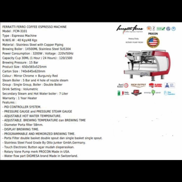 Ferratti Ferro FCM3101 Mesin Espresso Kapasitas 7500 ml, Warna Silver+Black/Silver+Red/Silver+Blue/Silver+White/Silver+Yellow
