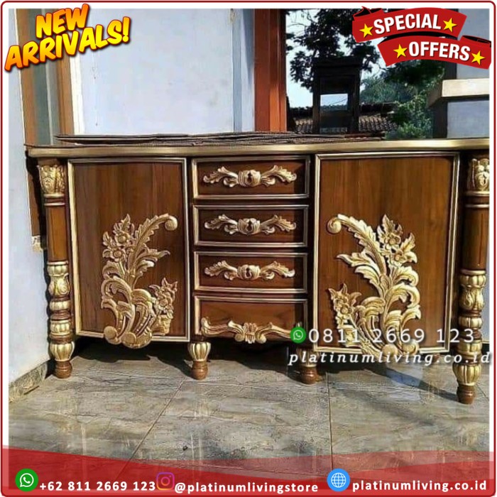 Meja Laci Kayu Jati Ukiran Klasik, Bufet Tv Jati Ukir 120cm, Meja Laci Platinumliving Furniture Indo