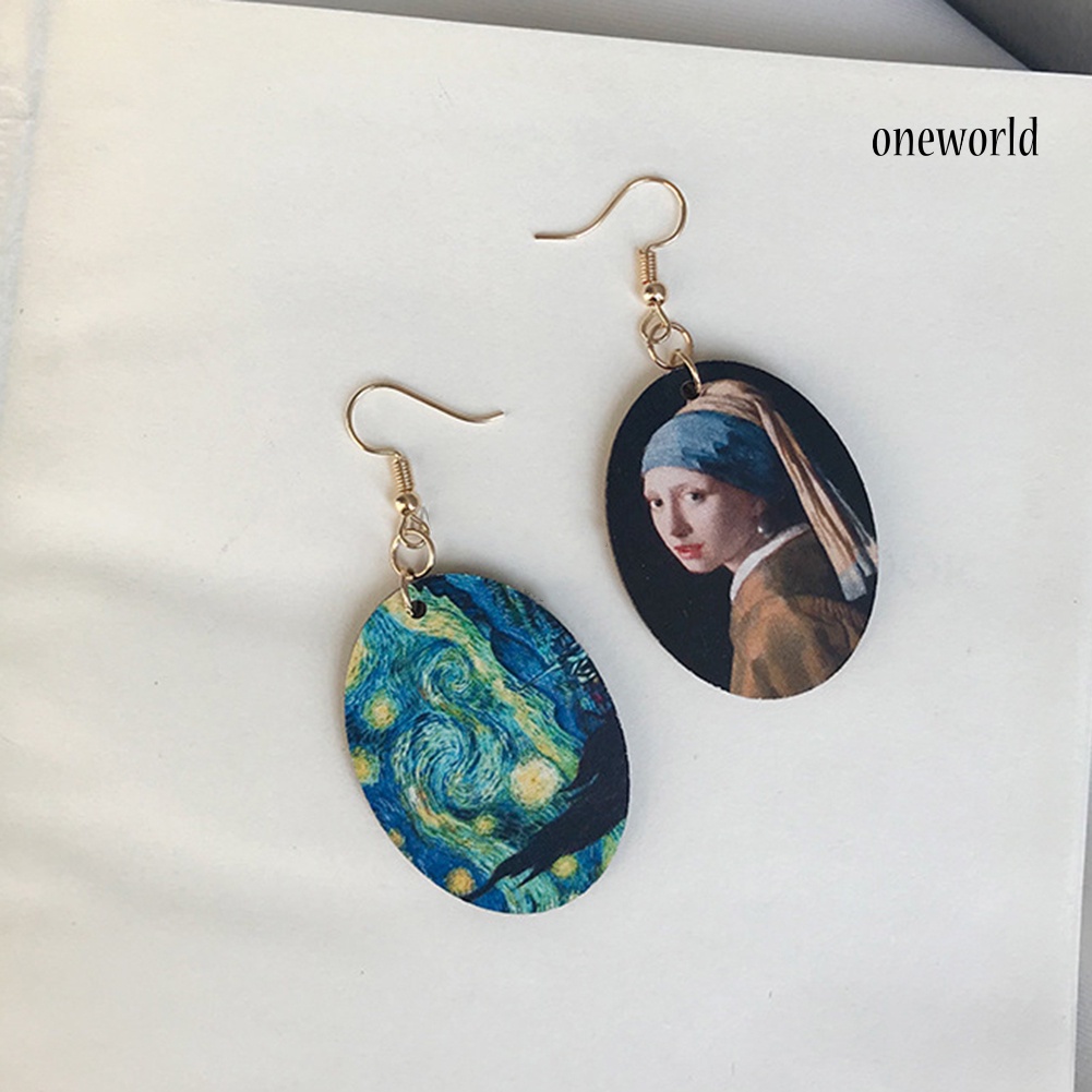 OW@ Women Oval Enamel Niche Oil Painting Asymmetrical Wooden Pendant Hook Earrings