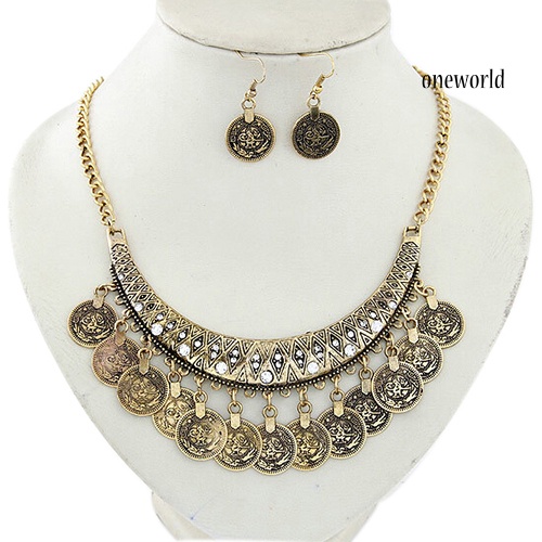 OW@ Women's Vintage Coin Style Choker Necklace Hook Earrings Statement Jewelry Set