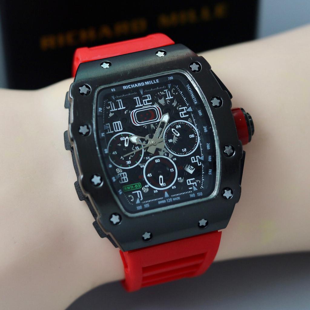 JAM TANGAN PRIA RM MCLAREN 50=30/01 BODY HITAM ANALOG CRONO TANGGAL AKTIF DIAMETER 4,3 CM