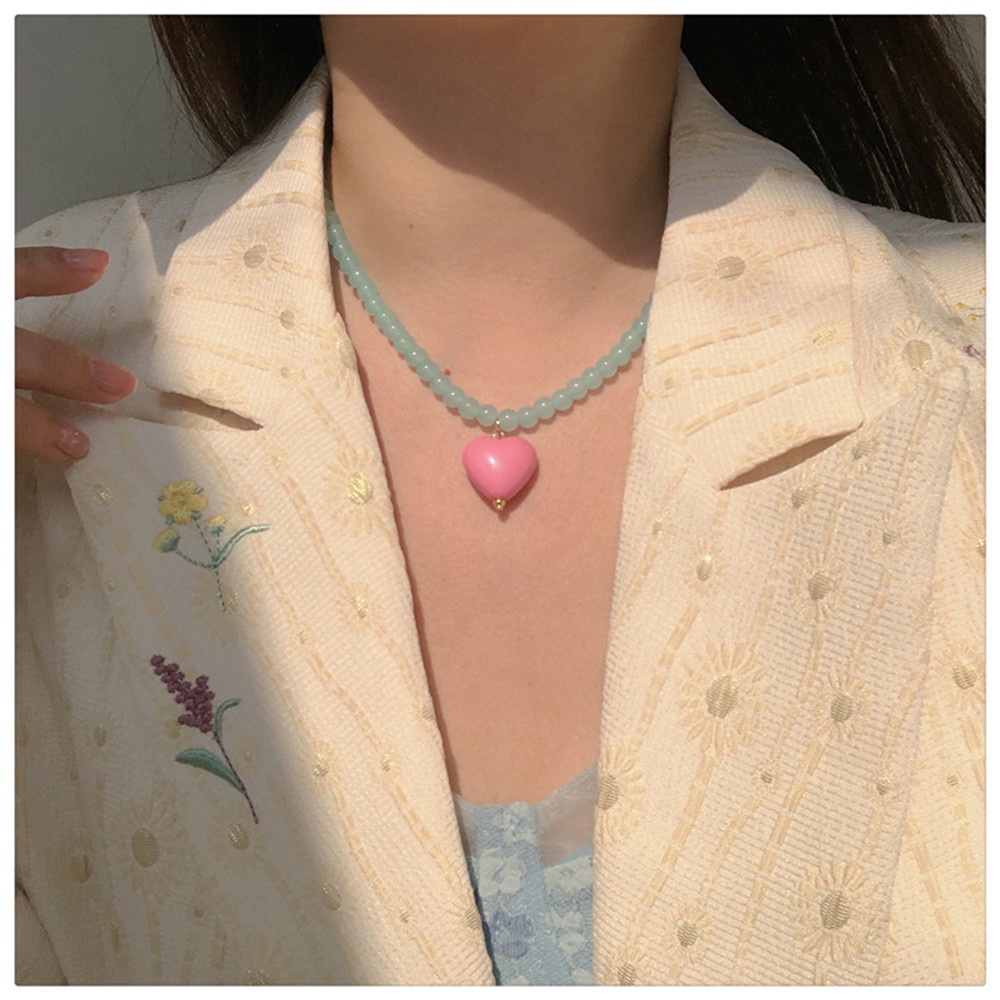 【COD Tangding】Kalung Choker Rantai Klavikula Hias Manik-Manik Kristal Bentuk Hati Warna Pink Biru Mint Untuk Perempuan