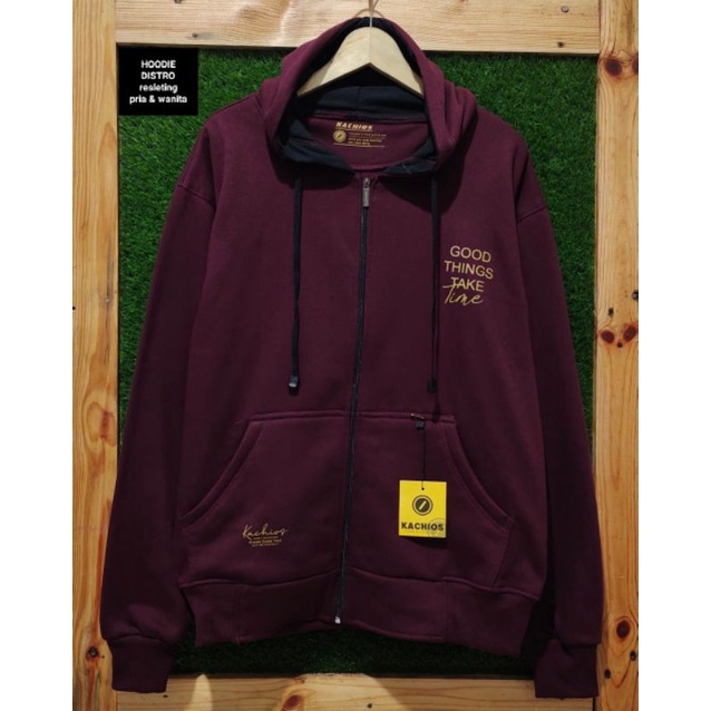 Sweater Hoodie Pria Zipper Resleting Merah Marun Distro Original Kachios Motif Simple Bahan Fleece T