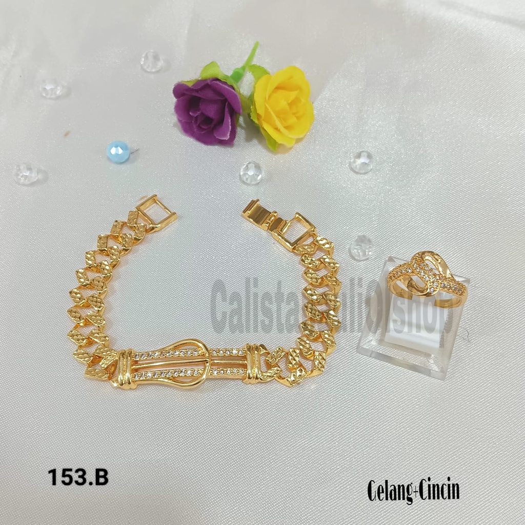 GELANG+CINCIN SISIK PLAT GESPER MANIS PERHIASAN EMAS  KOREA ANTI KARAT DAN ANTI LUNTUR