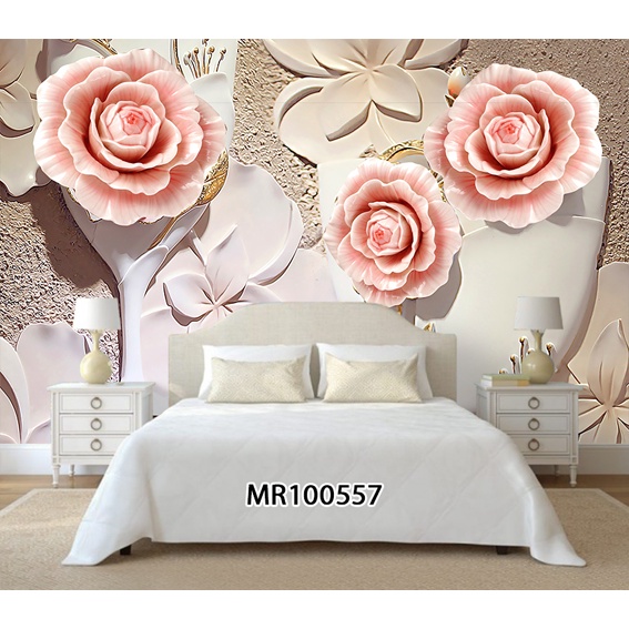 WALLPAPER DINDING MURAL PHOTOWALL DINDING MOTIF BUNGA MAWAR 3D PINK PUTIH ELEGANT