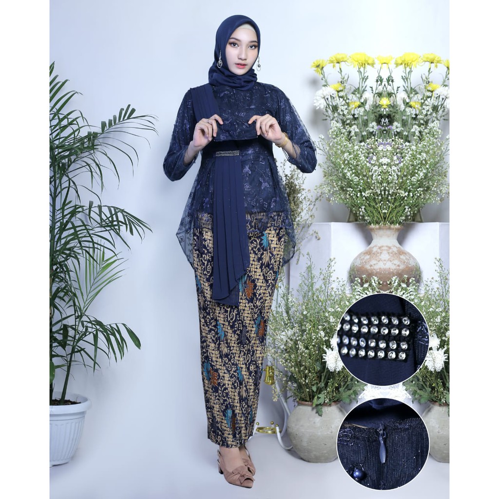set kebaya aurora selendang termurah Kebaya /Kebaya tulle/Kebaya Wisuda /Baju Kebaya /Kebaya Moder-set navy