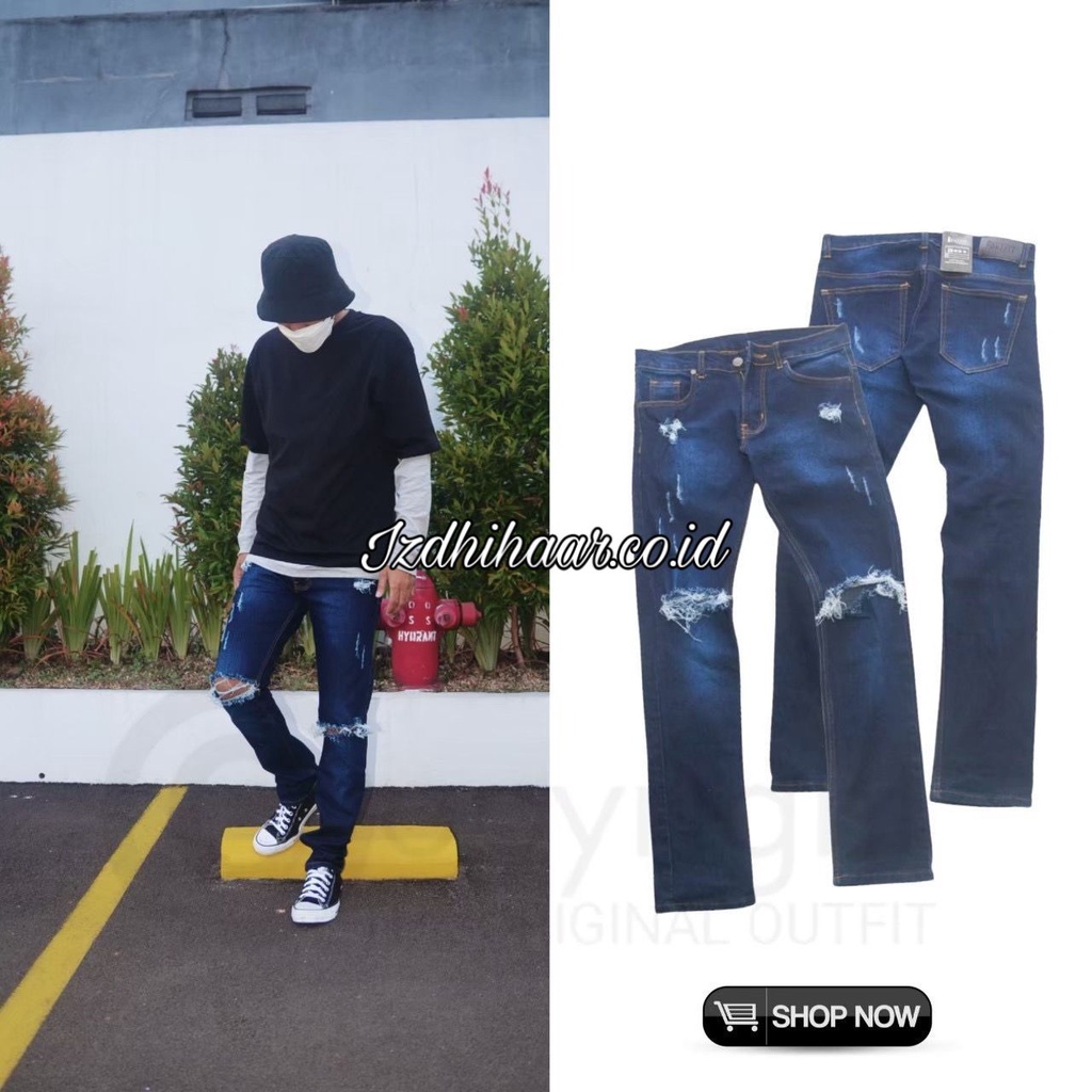 Celana Jeans Denim Pria Sobek Lutut Slim Fit Streecth Original Outfit